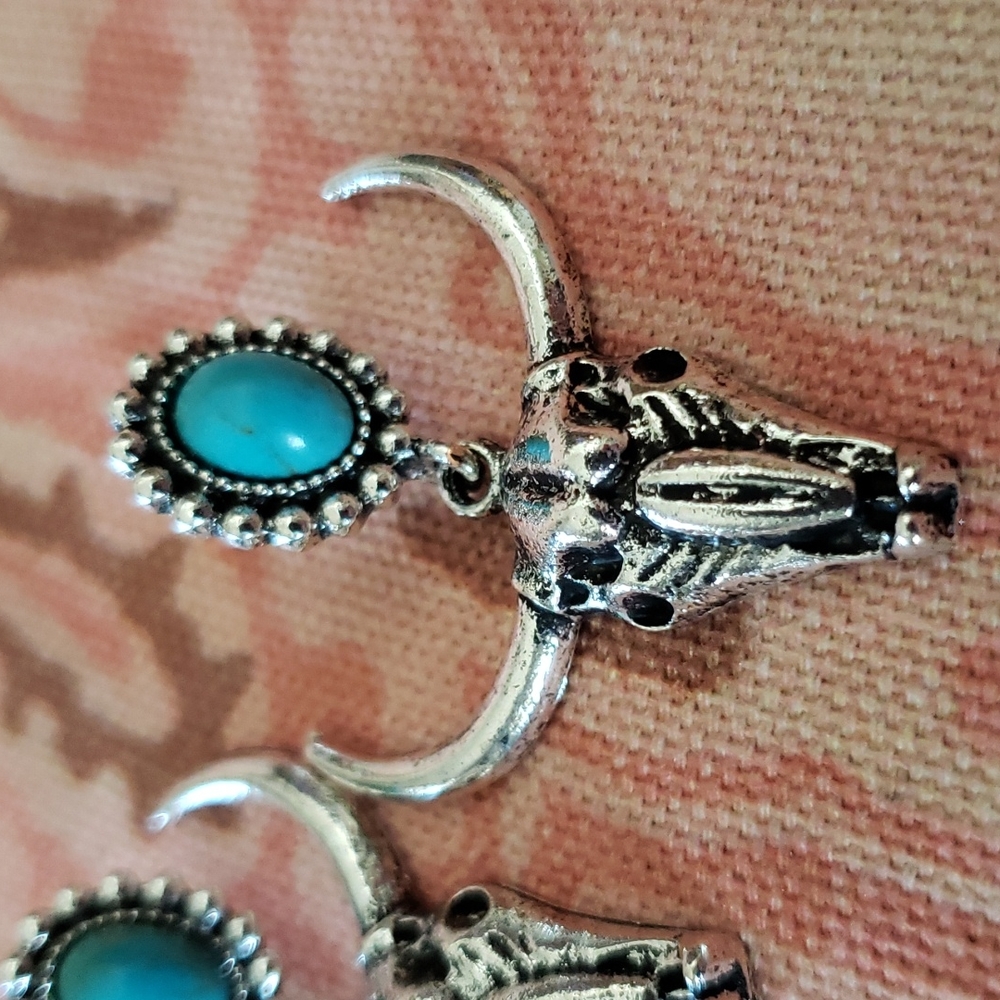 (B) Gypsy Turquoise Bull Earrings Boho Earrings Cowgirl Western Vaqueras - Picture 5 of 9